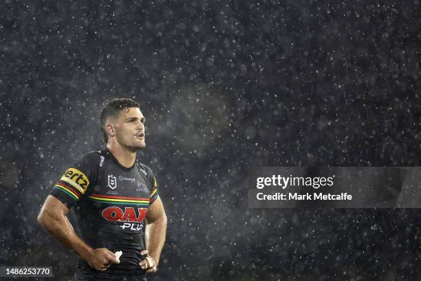 Nathan Cleary of the Panthers looks on during the round nine NRL match between Penrith Panthers and Wests Tigers at Carrington Park on April 29, 2023...