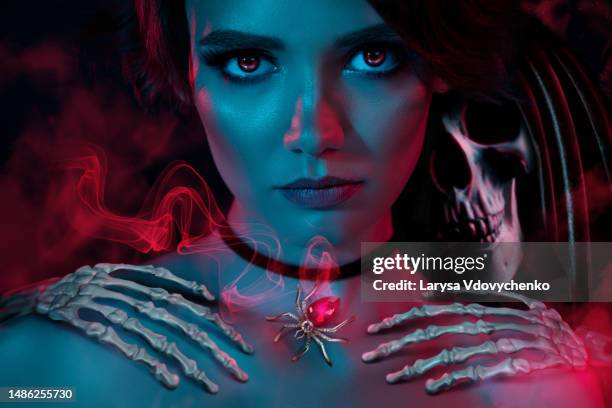collage photo of scary enchantress lady occulting spooky death character on cyber abstract light color background - devil woman stock pictures, royalty-free photos & images