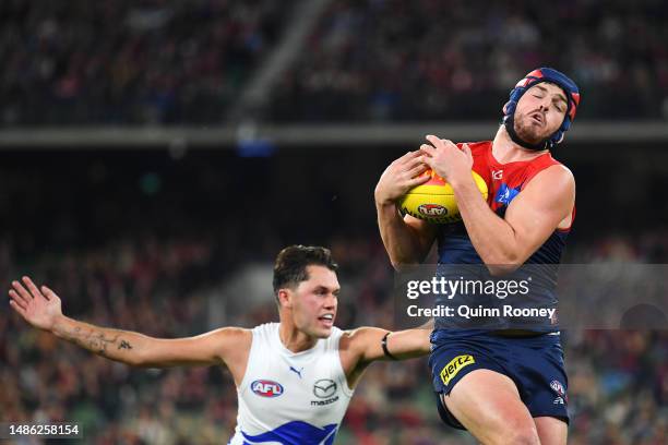 Angus Brayshaw of the Demons marks during the round seven AFL match between Melbourne Demons and North Melbourne Kangaroos at Melbourne Cricket...