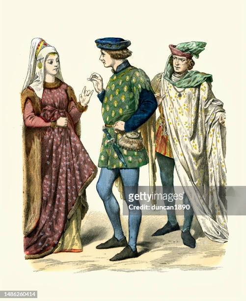 15世紀イギリスの中世ファッション、女性の指に指輪をはめる男性、イギリスの歴史、1400年代 - 15世紀頃点のイラスト素材／クリップアート素材／マンガ素材／アイコン素材