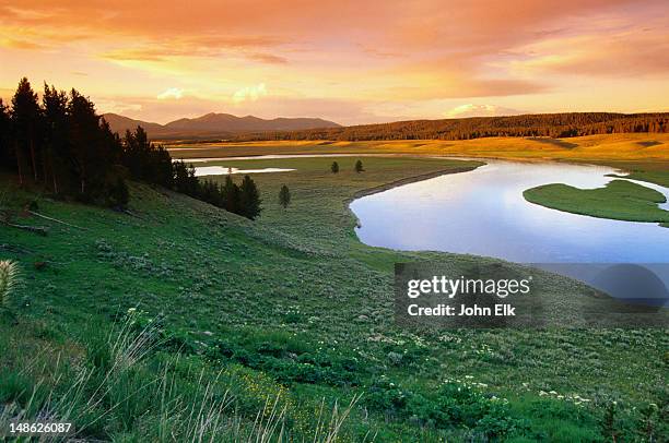 the yellowstone river meanders through the hayden valley at sunset - yellowstone national park, wyoming - yellowstone national park stock pictures, royalty-free photos & images