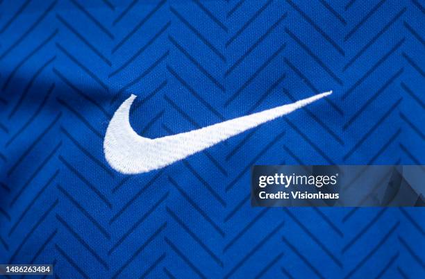 The Nike logo is seen prior to the Premier League match between Chelsea FC and Brentford FC at Stamford Bridge on April 26, 2023 in London, England.