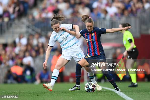 Niamh Charles of Chelsea battles for possession with Caroline Graham Hansen of Barcelona during the UEFA Women's Champions League semifinal 2nd leg...