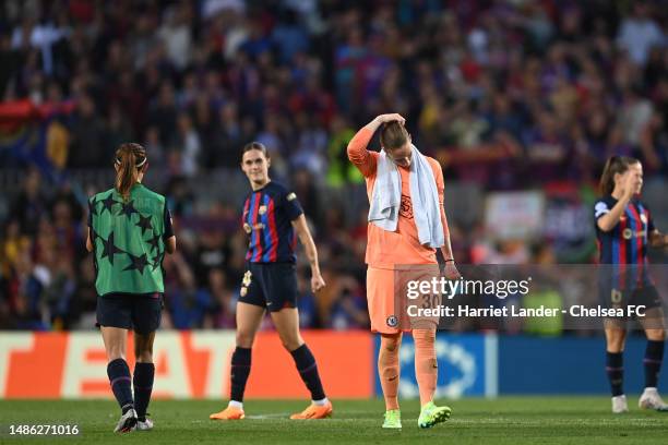 Ann-Katrin Berger of Chelsea looks dejected following her team's defeat in the UEFA Women's Champions League semifinal 2nd leg match between FC...