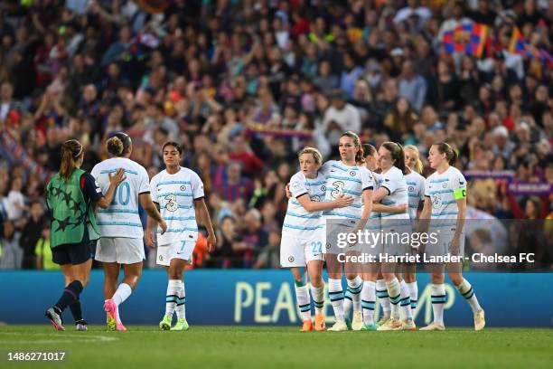 Erin Cuthbert and Melanie Leupolz of Chelsea look dejected following their team's defeat in the UEFA Women's Champions League semifinal 2nd leg match...