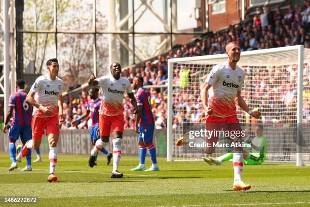 Tomas Soucek of West Ham United celebrates after scoring the team's first goal during the Premier League match between Crystal Palace and West Ham...