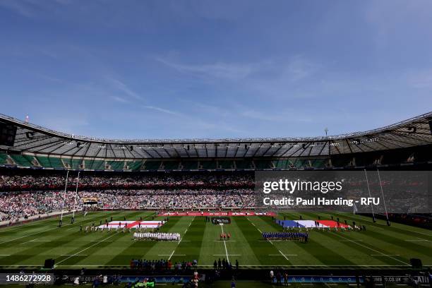 Both teams stand for the national anthems prior to the TikTok Women's Six Nations match between England and France at Twickenham Stadium on April 29,...