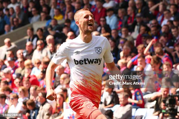 Tomas Soucek of West Ham United celebrates after scoring the team's first goal during the Premier League match between Crystal Palace and West Ham...