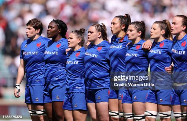 The France team sing the national anthem prior to the TikTok Women's Six Nations match between England and France at Twickenham Stadium on April 29,...