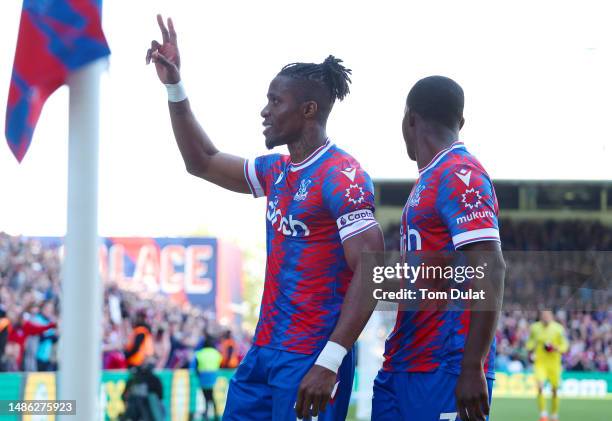 Wilfried Zaha of Crystal Palace celebrates after scoring the team's second goal during the Premier League match between Crystal Palace and West Ham...