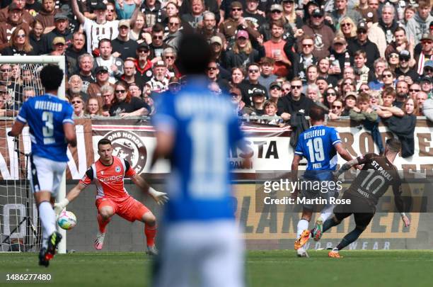 Marcel Hartel of FC St. Pauli scores their sides first goal during the Second Bundesliga match between FC St. Pauli and DSC Arminia Bielefeld at...