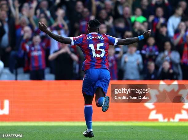Jeffrey Schlupp of Crystal Palace celebrates after scoring the team's third goal during the Premier League match between Crystal Palace and West Ham...