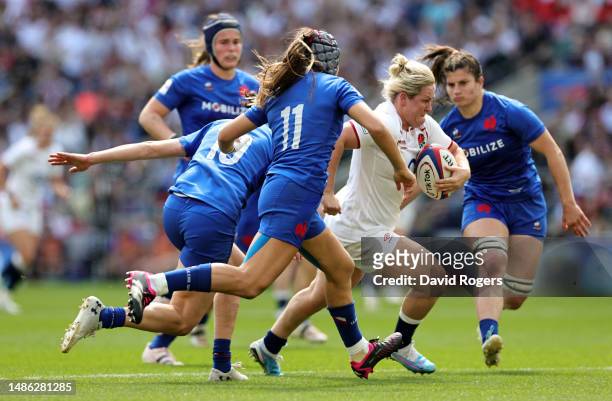 Marlie Packer of England breaks clear to score the teams second try during the TikTok Women's Six Nations match between England and France at...