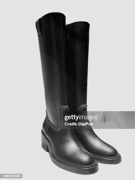 black leather long boots - leather boot stock pictures, royalty-free photos & images