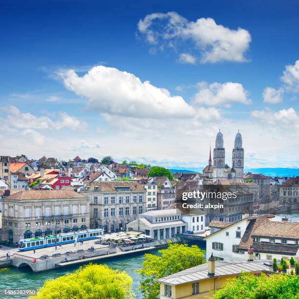 zurich cityscape, switzerland - grossmunster cathedral stock pictures, royalty-free photos & images