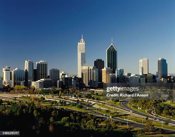 perth's cityscape seen from king's park. - perth skyline stock pictures, royalty-free photos & images