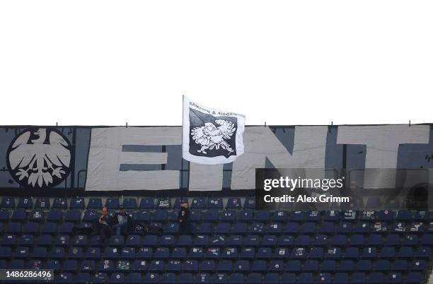 General view inside the stadium as a fan of Eintracht Frankfurt waves a flag prior to the Bundesliga match between Eintracht Frankfurt and FC...