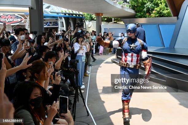 Cast member dressed as Captain America performs at Hong Kong Disneyland ahead of May Day Holiday on April 28, 2023 in Hong Kong, China.