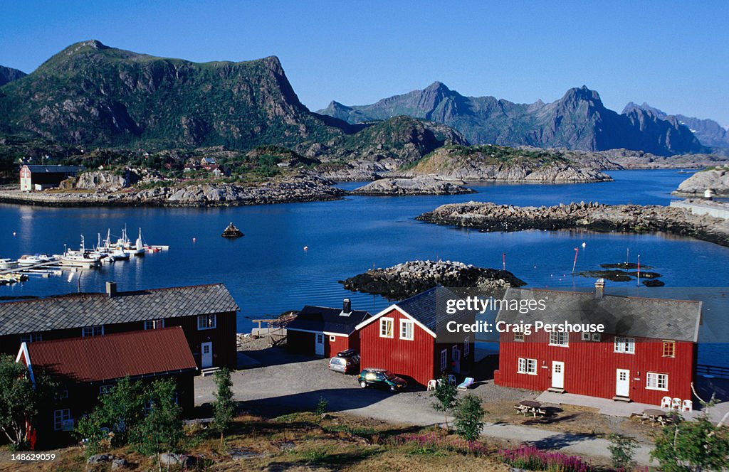 Kabelvag harbour on Austvagoy in the Lofoten Islands. The red fishermen's shanties (rorbuer) are used as guest houses in summer.