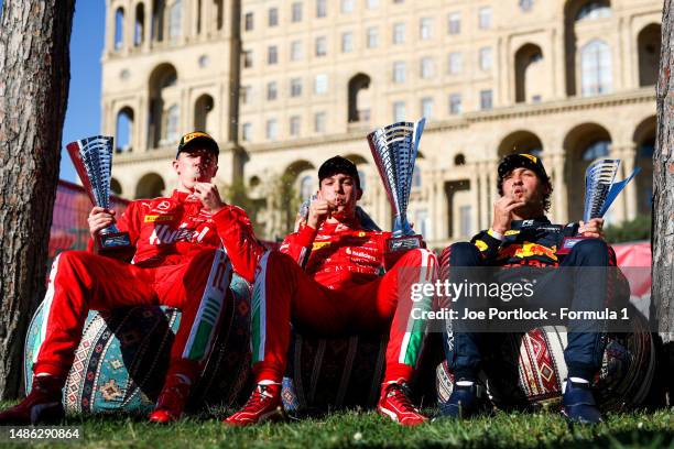 Race winner Oliver Bearman of Great Britain and PREMA Racing , Second placed Frederik Vesti of Denmark and PREMA Racing and Third placed Jak Crawford...