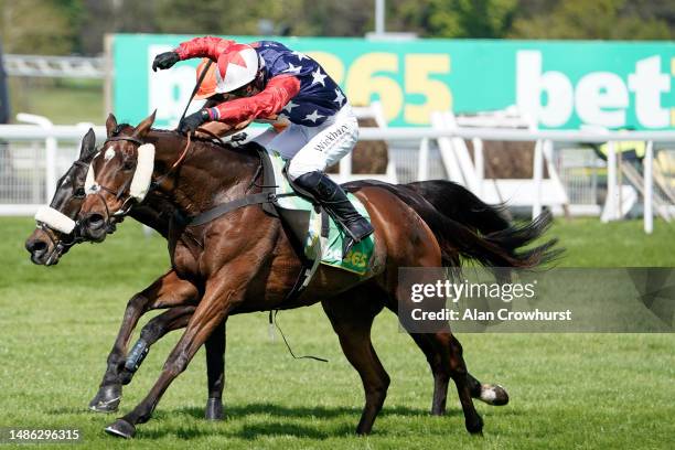 Jack Tudor riding Kitty's Light clear the last to win The bet365 Gold Cup Handicap Chase at Sandown Park Racecourse on April 29, 2023 in Esher,...