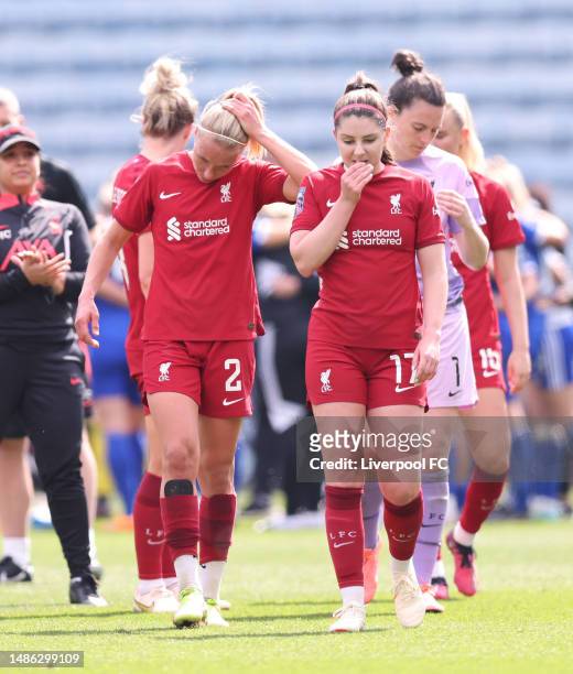 Emma Koivisto and Carla Humphrey of Liverpool look dejected following the FA Women's Super League match between Leicester City and Liverpool at The...