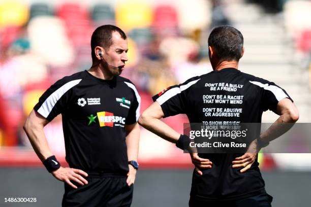 Referee, Peter Bankes wears a DXTL REFspect T-shirt during the warm up prior to the Premier League match between Brentford FC and Nottingham Forest...