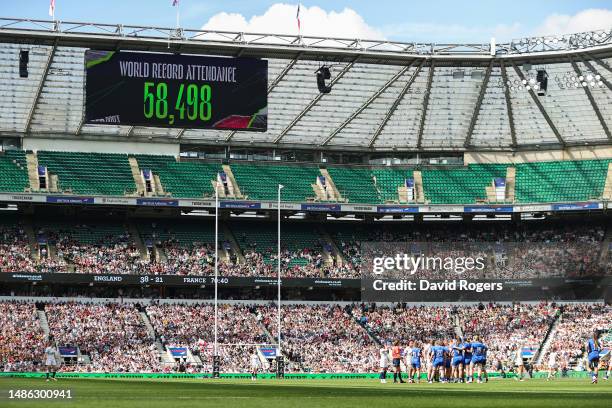 The LED screen displays the World Record attendance during the TikTok Women's Six Nations match between England and France at Twickenham Stadium on...