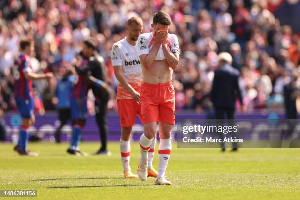 Declan Rice of West Ham United looks dejected following the Premier League match between Crystal Palace and West Ham United at Selhurst Park on April...