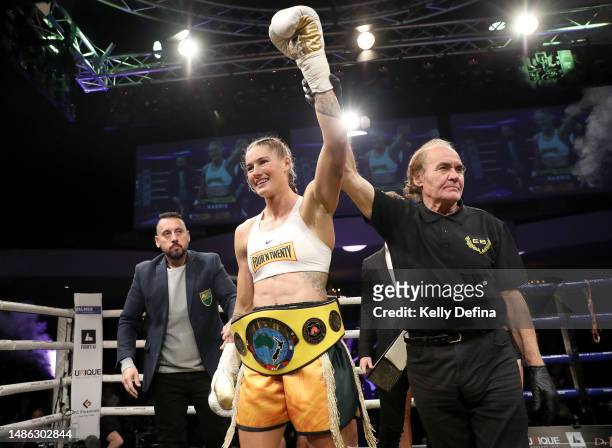 Tayla Harris celebrates victory and winning the ANBF Australasian Title fight vs Connie Chan at Melbourne Pavilion on April 29, 2023 in Melbourne,...