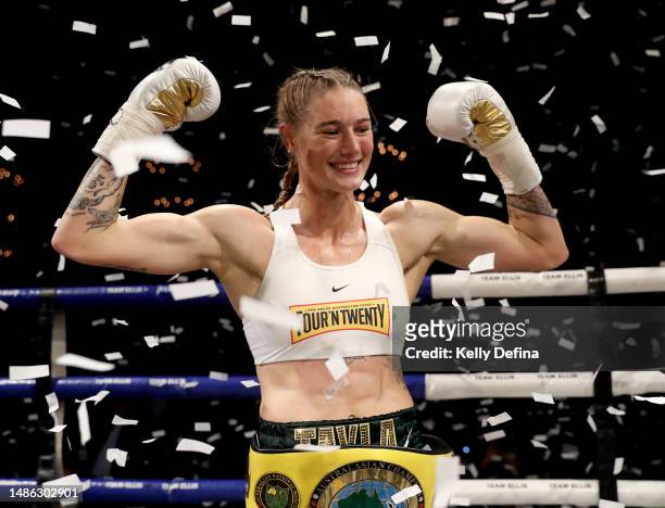 Tayla Harris celebrates victory and winning the ANBF Australasian Title fight vs Connie Chan at Melbourne Pavilion on April 29, 2023 in Melbourne,...