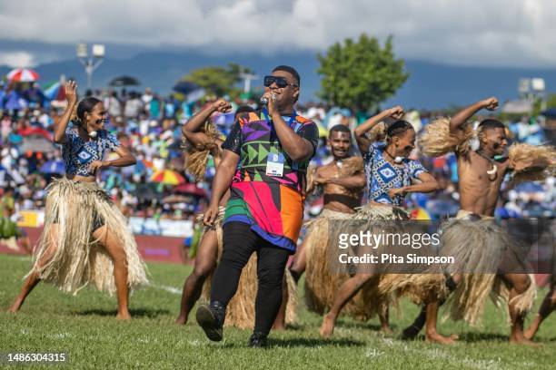 Cultural performers are seen during the round 10 Super Rugby Pacific match between Fijian Drua and Blues at Churchill Park, on April 29 in Lautoka,...