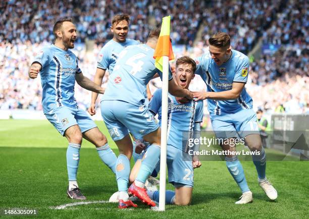 Josh Eccles of Coventry City celebrates scoring his teams first goal during the Sky Bet Championship between Coventry City and Birmingham City at The...