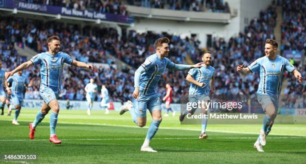 Josh Eccles of Coventry City celebrates scoring his teams first goal during the Sky Bet Championship between Coventry City and Birmingham City at The...