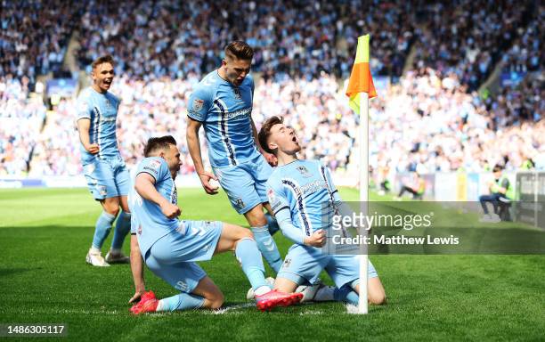 Josh Eccles of Coventry City celebrates scoring his teams first goal during the Sky Bet Championship between Coventry City and Birmingham City at The...