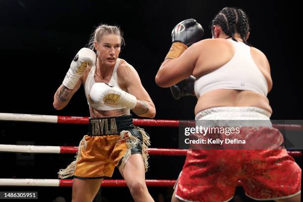 Tayla Harris competes against Connie Chan during the ANBF Australasian Title fight at Melbourne Pavilion on April 29, 2023 in Melbourne, Australia.