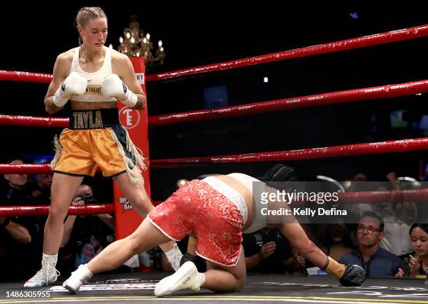 Tayla Harris competes against Connie Chan during the ANBF Australasian Title fight at Melbourne Pavilion on April 29, 2023 in Melbourne, Australia.