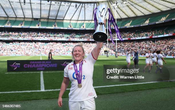 Marlie Packer of England celebrates with the TikTok Women's Six Nations trophy following the TikTok Women's Six Nations match between England and...