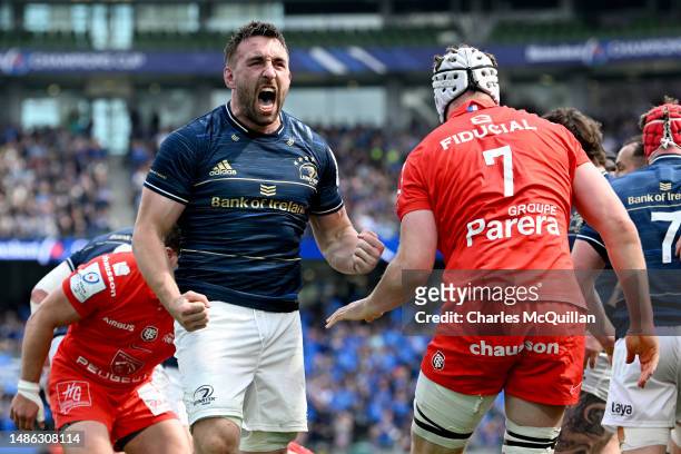 Jack Conan of Leinster celebrates scoring the team's first try during the Heineken Champions Cup Semi Final between Leinster Rugby and Stade...