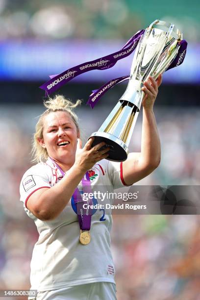 Marlie Packer of England celebrates with the TikTok Women's Six Nations trophy following the TikTok Women's Six Nations match between England and...