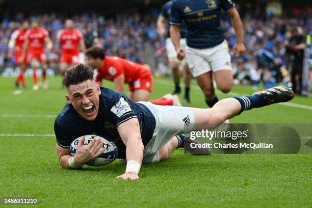 Jordan Larmour of Leinster scores a try that is later disallowed during the Heineken Champions Cup Semi Final between Leinster Rugby and Stade...