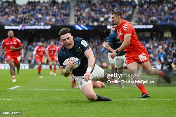 Jordan Larmour of Leinster scores a try that is later disallowed during the Heineken Champions Cup Semi Final between Leinster Rugby and Stade...