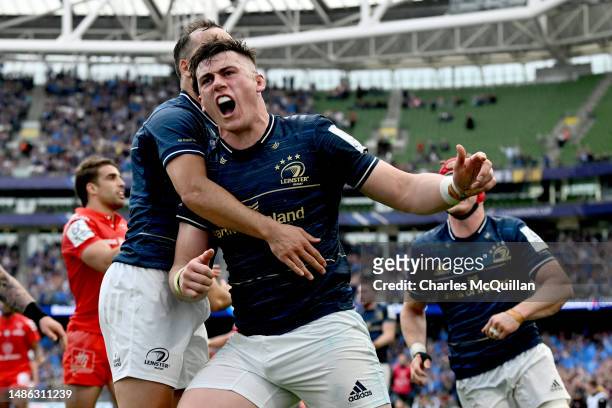 Jordan Larmour of Leinster celebrates after scoring a try that is later disallowed during the Heineken Champions Cup Semi Final between Leinster...