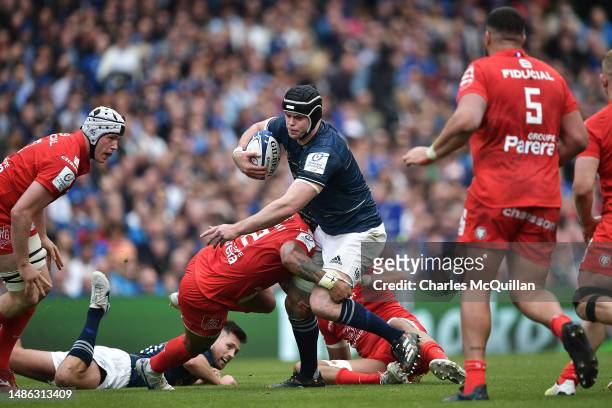 James Ryan of Leinster is tackled by Pita Ahki of Stade Toulousain during the Heineken Champions Cup Semi Final between Leinster Rugby and Stade...