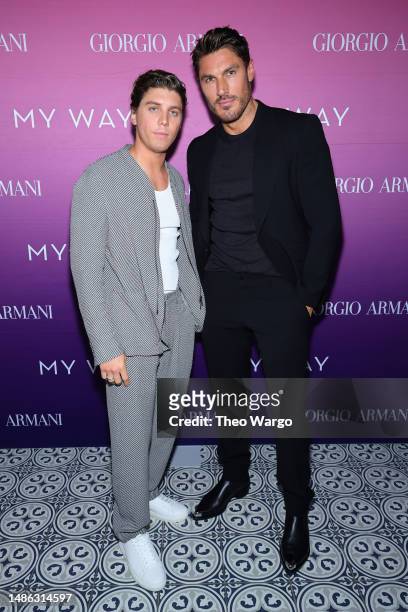 Lukas Gage and Chris Appleton attend as Armani Beauty celebrates the launch of the My Way Refillable Parfum with Sydney Sweeney on April 28, 2023 in...