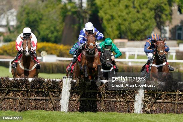 Bryony Frost riding Knappers Hill clear the last to win The bet365 Select Hurdle at Sandown Park Racecourse on April 29, 2023 in Esher, England.