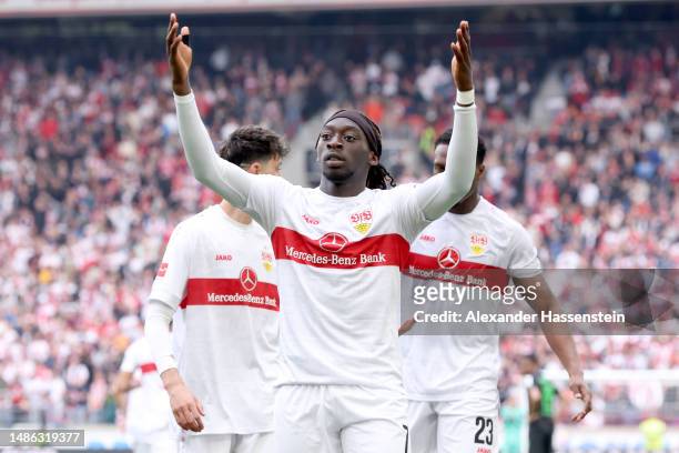 Tanguy Coulibaly of VfB Stuttgart celebrates after scoring their sides second goal from the penalty spot during the Bundesliga match between VfB...