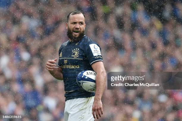 Jamison Gibson-Park of Leinster looks on during the Heineken Champions Cup Semi Final between Leinster Rugby and Stade Toulousain at Aviva Stadium on...