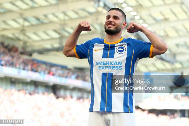 Deniz Undav of Brighton & Hove Albion celebrates after scoring their sides sixth goal during the Premier League match between Brighton & Hove Albion...