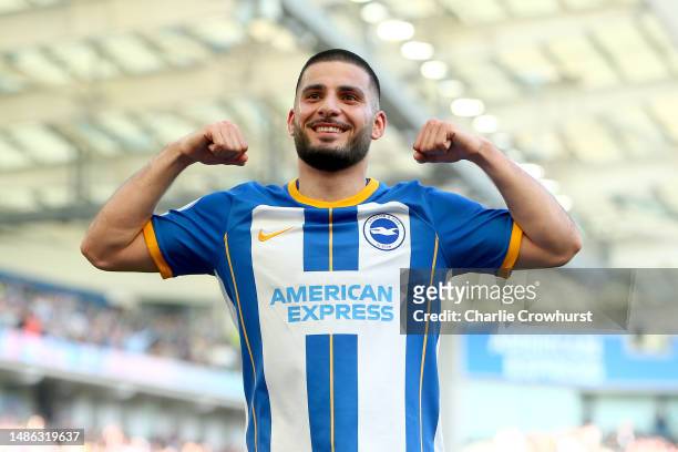 Deniz Undav of Brighton & Hove Albion celebrates after scoring their sides sixth goal during the Premier League match between Brighton & Hove Albion...